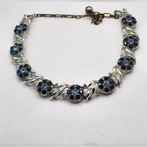 Vintage Blue Rhinestone Necklace Flowers 16"